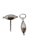 A silver corkscrew and a matching silver bottle opener, both featuring fluted, oval-shaped handles. The set is identified as a Spanish Silver (925) bar/cocktail set by Pedro Duran Morales, circa 1950