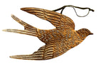 mage of a vintage-style, gilded tin bird with embossed feather detailing. A green velvet ribbon is attached. Front and back views shown.