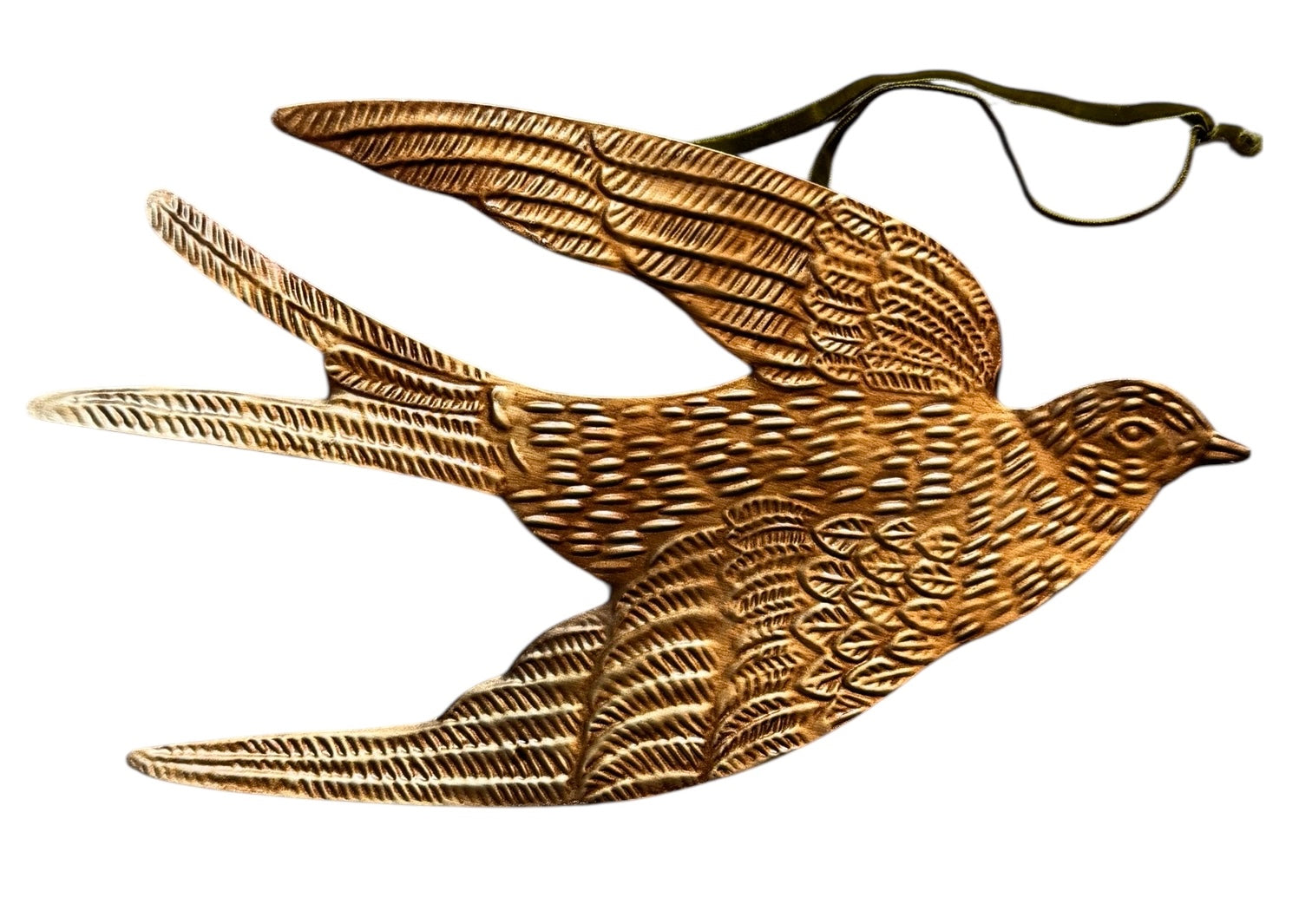 mage of a vintage-style, gilded tin bird with embossed feather detailing. A green velvet ribbon is attached. Front and back views shown.