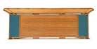A three-tiered wooden shelving unit featuring a mix of light oak and teal-colored panels. The piece has an open, structural design with visible joinery, vertical supports that extend past the top shelf, and a horizontal backrest at the top. The middle and bottom shelves feature slatted wood center sections flanked by solid teal panels, while the top surface is primarily solid wood with teal accents at the edges.