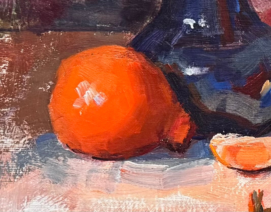 An oil painting still life featuring a copper teapot with a wooden handle, a blue glass vase, a red apple, a whole orange, and several orange slices, all arranged on a white tablecloth against a blurred purple and green background. The artist's signature "B. Willamson 2019" is visible in the bottom right corner.