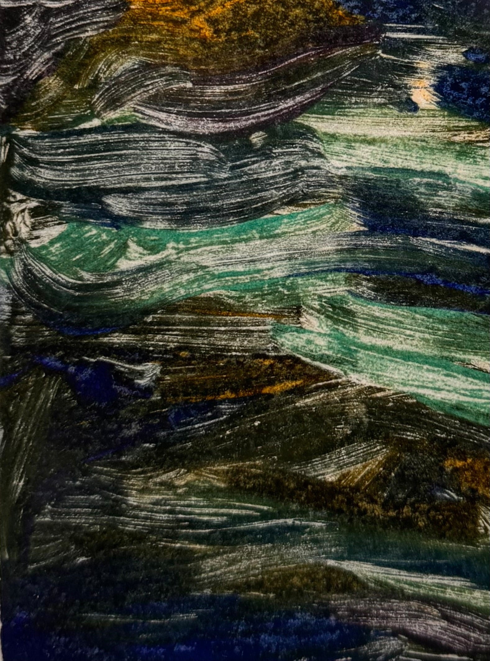 A vertical rectangular artwork, "Embers," by Jill London (2003), framed in a wide, textured gold frame. The piece features a small, abstract expressionist print at the center, rendered in dark, painterly strokes of deep blues, browns, yellows, and white, resembling moving water or smoke. Below the print, on the cream mat, the artist's signature, title, and date are hand-written in pencil. The paper has a delicate, textured deckled edge.