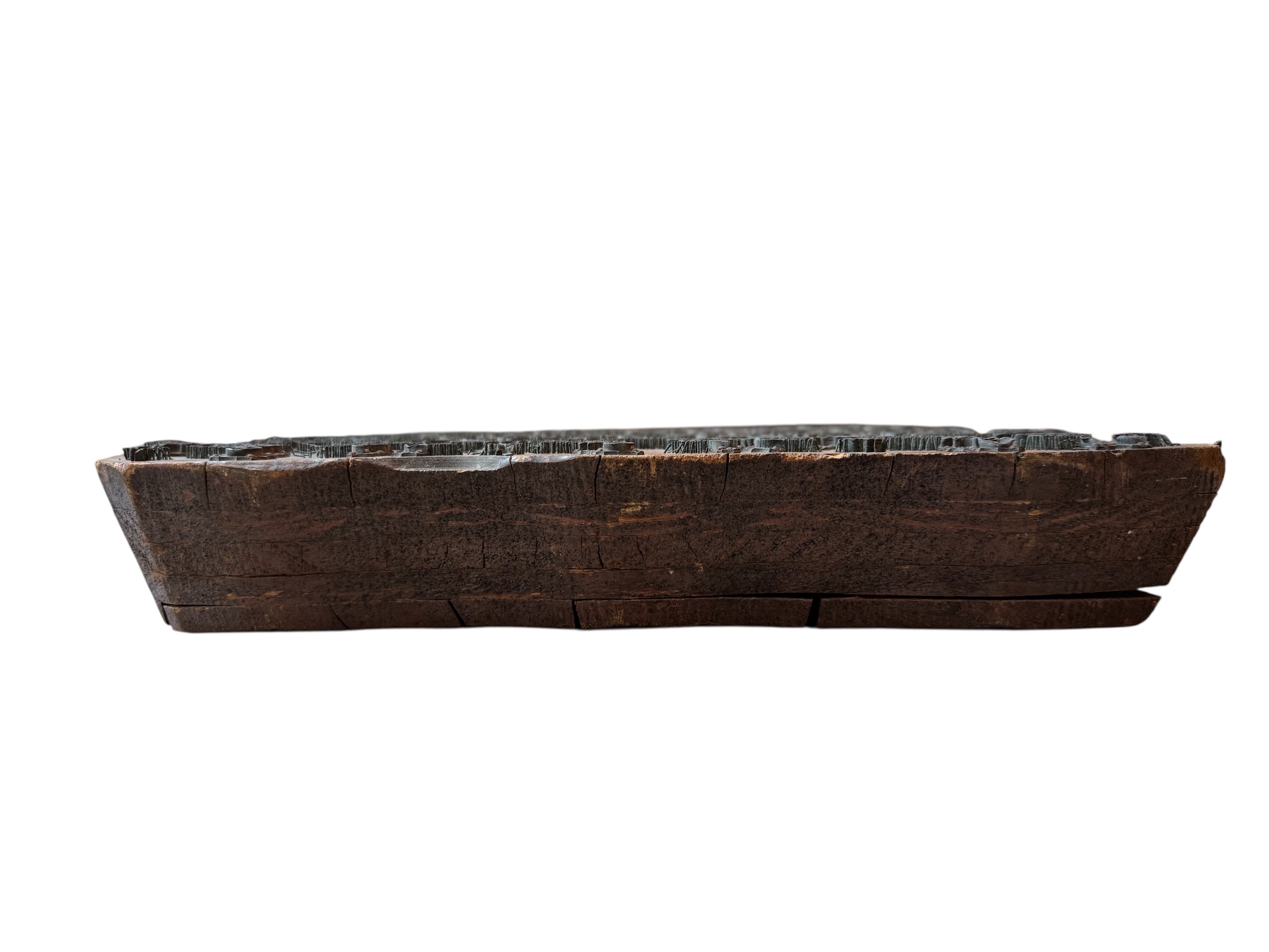 A vintage carved wooden printing block with intricate, repeating patterns, engraved with an unknown artist's signature and stamped "Made in France." The wood shows signs of age and wear, adding to its historical character