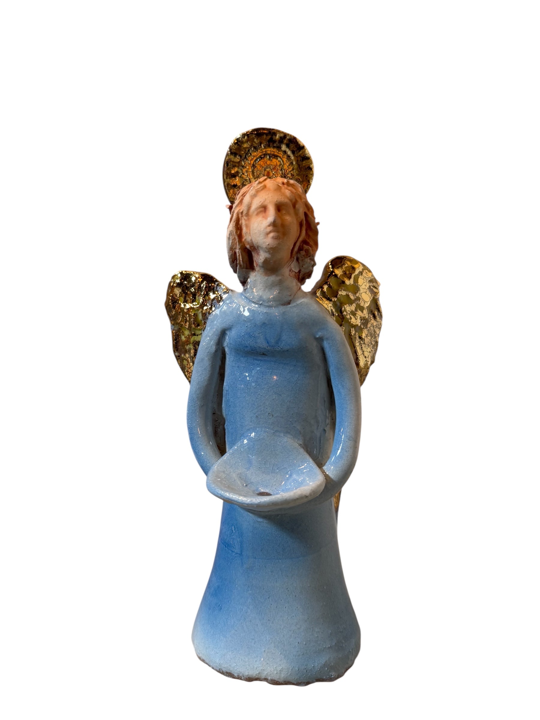 Angeli by Dominico Pinto, Angels, Sculptures, Table top ornaments, Gold accents, blue and white, geometric quilting, ceramic, folk art