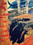 A vertical abstract painting on a shimmering gold-leaf background. The piece is filled with energetic, calligraphic scribbles and fluid shapes in vibrant orange, deep teal, and touches of red. The brushwork varies from thick, opaque strokes to thin, wiry lines that dance across the reflective surface. The composition feels organic and chaotic, like a dense thicket or a fire.