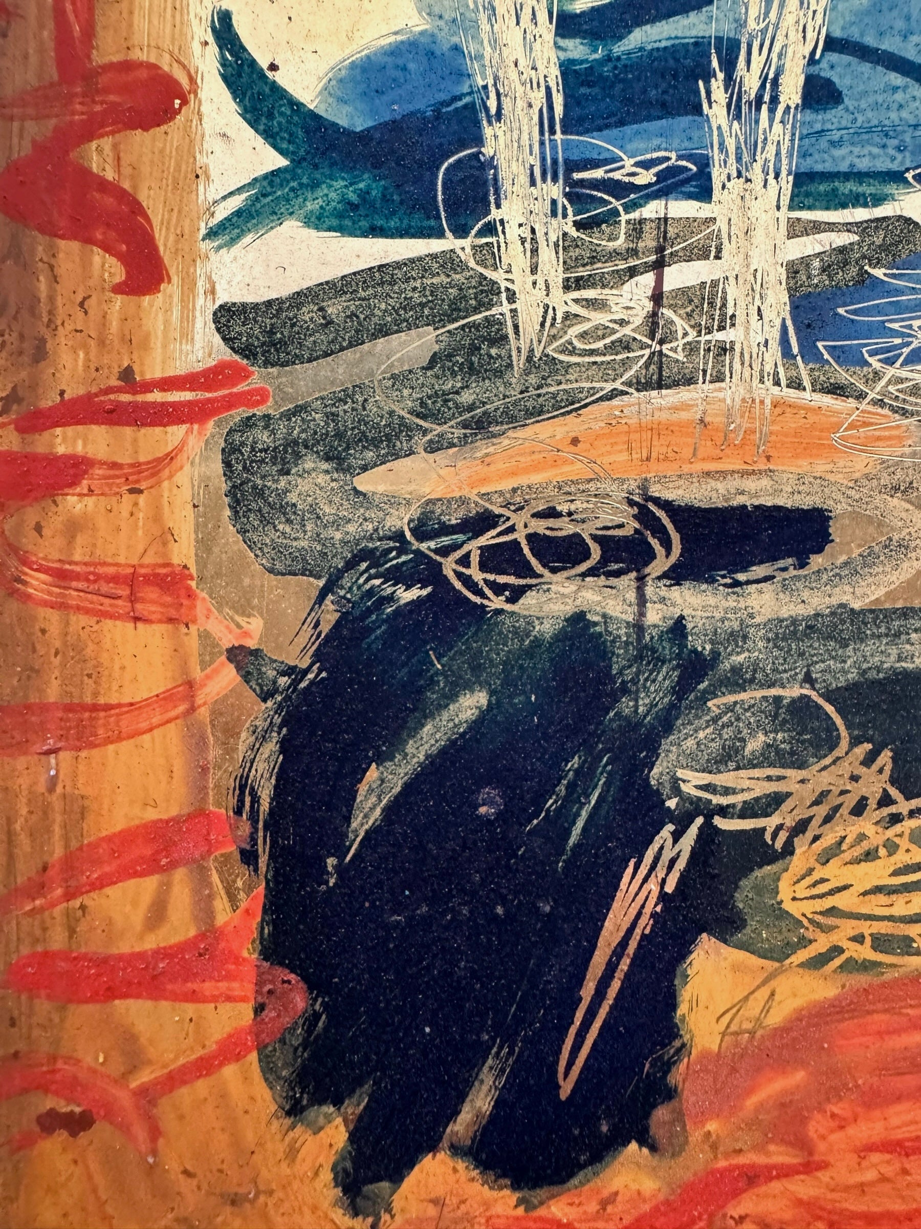 A vertical abstract painting on a shimmering gold-leaf background. The piece is filled with energetic, calligraphic scribbles and fluid shapes in vibrant orange, deep teal, and touches of red. The brushwork varies from thick, opaque strokes to thin, wiry lines that dance across the reflective surface. The composition feels organic and chaotic, like a dense thicket or a fire.