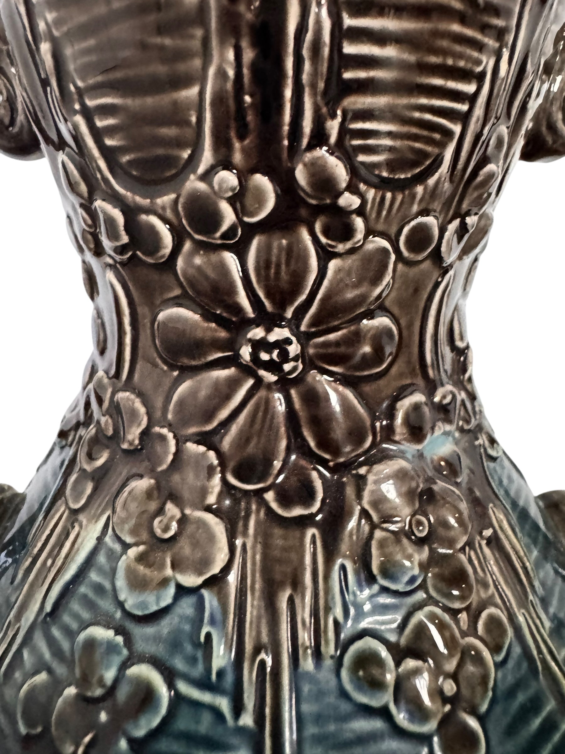 French Art Nouveau Faience Glazed Vases with flower motifs, and thorny wood handles