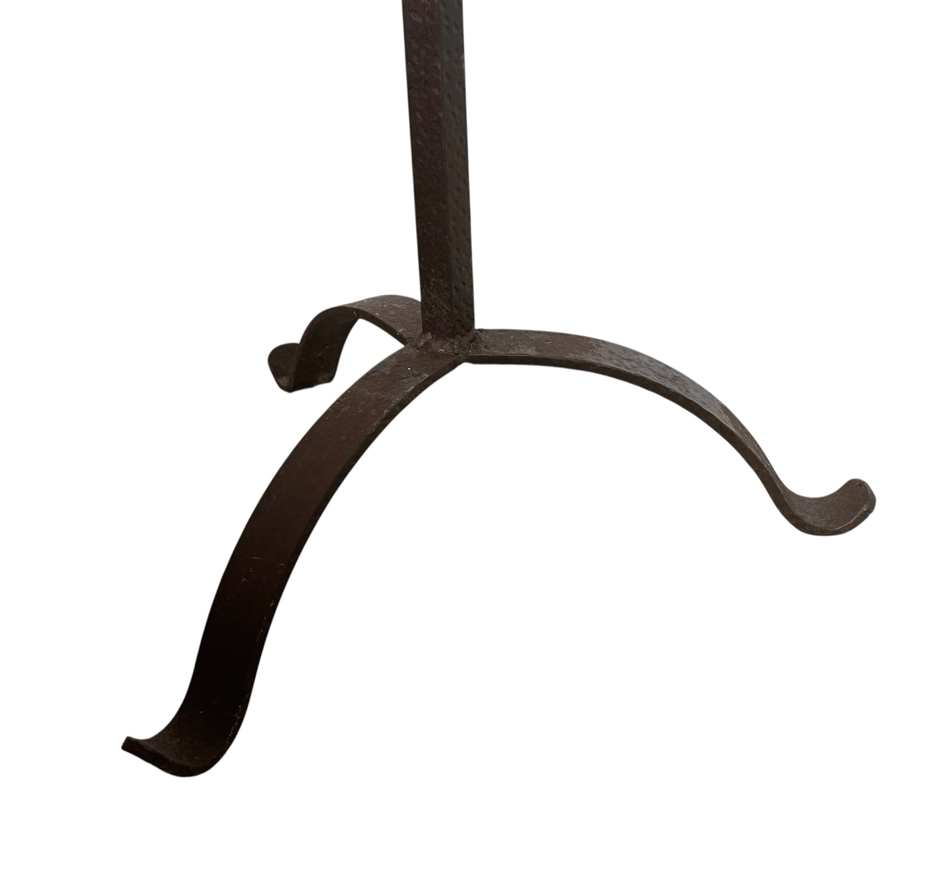  Tall, free-standing Spanish Revival wrought iron candelabra with seven candle prickets holding beeswax candles.