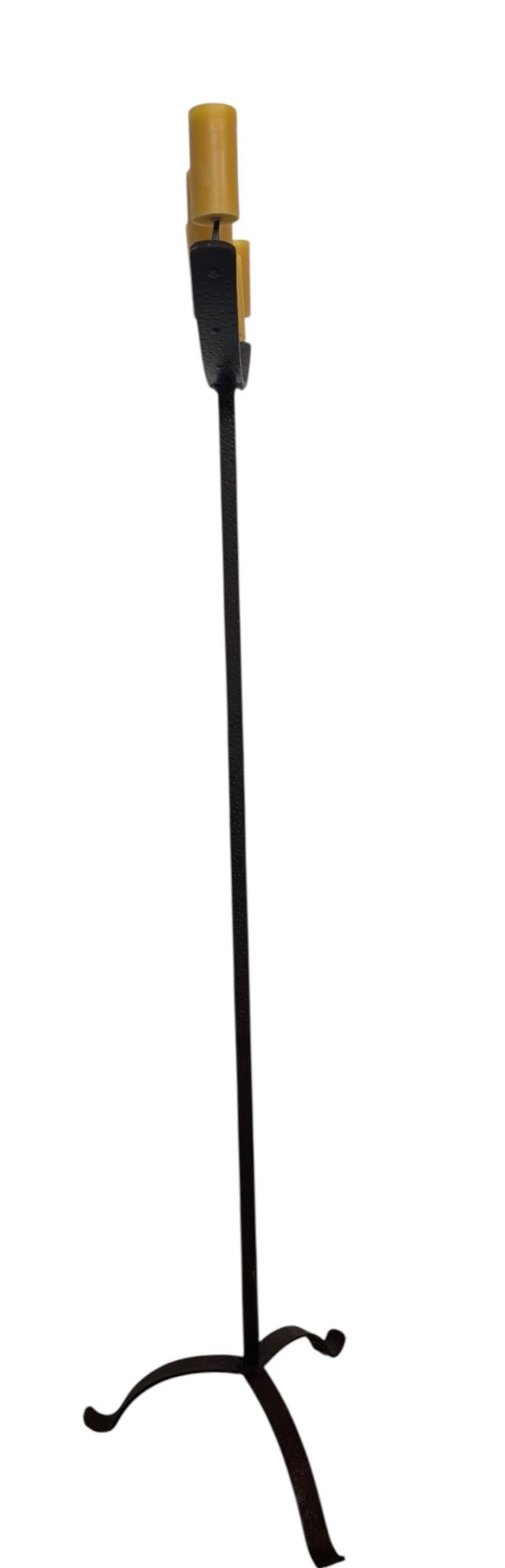  Tall, free-standing Spanish Revival wrought iron candelabra with seven candle prickets holding beeswax candles.