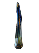 Sculptural art glass vase in the Sommerso style, featuring blue and amber colors encased in a clear glass layer. The vase has a vintage mid-century modern design