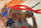 A vertical composition on a bright, reflective metallic background (likely silver or light gold leaf). The piece is defined by sparse, high-energy gestures: a sweeping arc of orange and red at the top, a central cluster of textured red paint, and a scattering of teal-blue "C" shapes and hooks. The metallic surface is highly visible, giving the piece a luminous, modern feel.