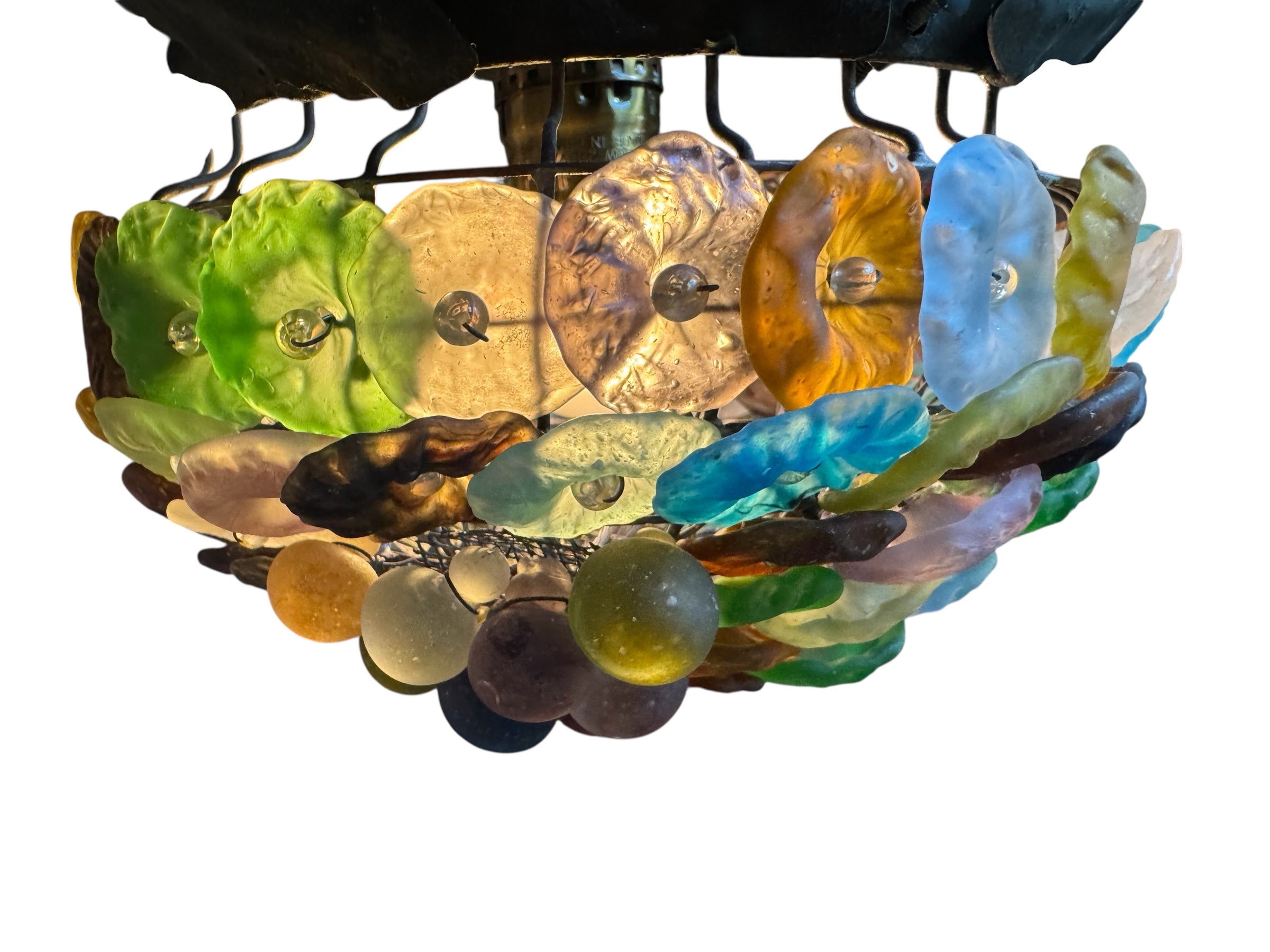 Toleware Lighting Fixtures, Chandelier, Vine shape, glass floral accents, metal, multicolored frosted glass, tole light