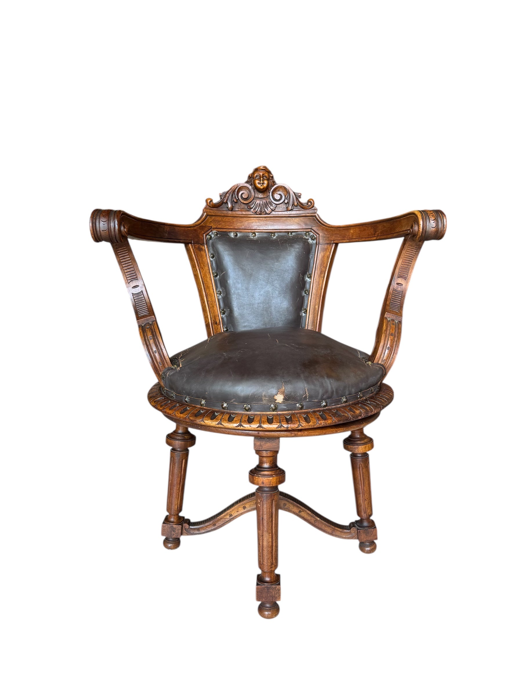 Antique French carved chair 
Figural crest walnut desk chair 
19th-century French leather swivel 
Vintage wood office chair sale
Antique french wooden chair
Carved walnut
Leather seat
Swivel base
Figural crest
Antique chair
French design
Desk chair
19th-century
Antique
Vintage
French
Carved
Walnut
Swivel
Desk chair
Leather
Upholstered
Ornate
Figural
Wood
Nineteenth-century
Office
Patinated
Decorative
Unique
