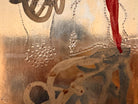 A vertical abstract work on a weathered gold-leaf panel. The upper section features bold, dark red calligraphic symbols resembling distorted kanji or script. Below, delicate, dotted white lines wind through the composition like strings of pearls or constellations. A slender, vertical form in vibrant red stands on the right, while muted, smoky-grey washes of paint ground the bottom of the piece.