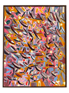 An abstract painting titled 'Cascade of Gold and Pink' by Robert Wymer, framed in dark wood. The artwork features a vibrant pink background densely covered with a dynamic arrangement of multi-directional, oblong, and dash-like brushstrokes in gold, red, blue, gray, white, and black.