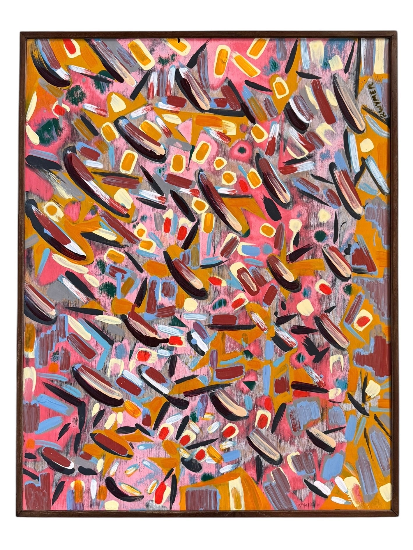 An abstract painting titled 'Cascade of Gold and Pink' by Robert Wymer, framed in dark wood. The artwork features a vibrant pink background densely covered with a dynamic arrangement of multi-directional, oblong, and dash-like brushstrokes in gold, red, blue, gray, white, and black.