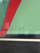 A pop art style image featuring a man in a hat and suit, an easel with art supplies including paintbrushes in a pot, and a sign in the background that reads "BARNUM & BAILEY" by Ugo Nespolo. The artwork uses a collage-like composition with geometric shapes and bold colors.