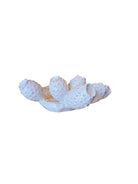 A white, glazed ceramic platter in the shape of a prickly pear cactus pad with attached prickly pear fruit. The surface has raised dots representing spines. 