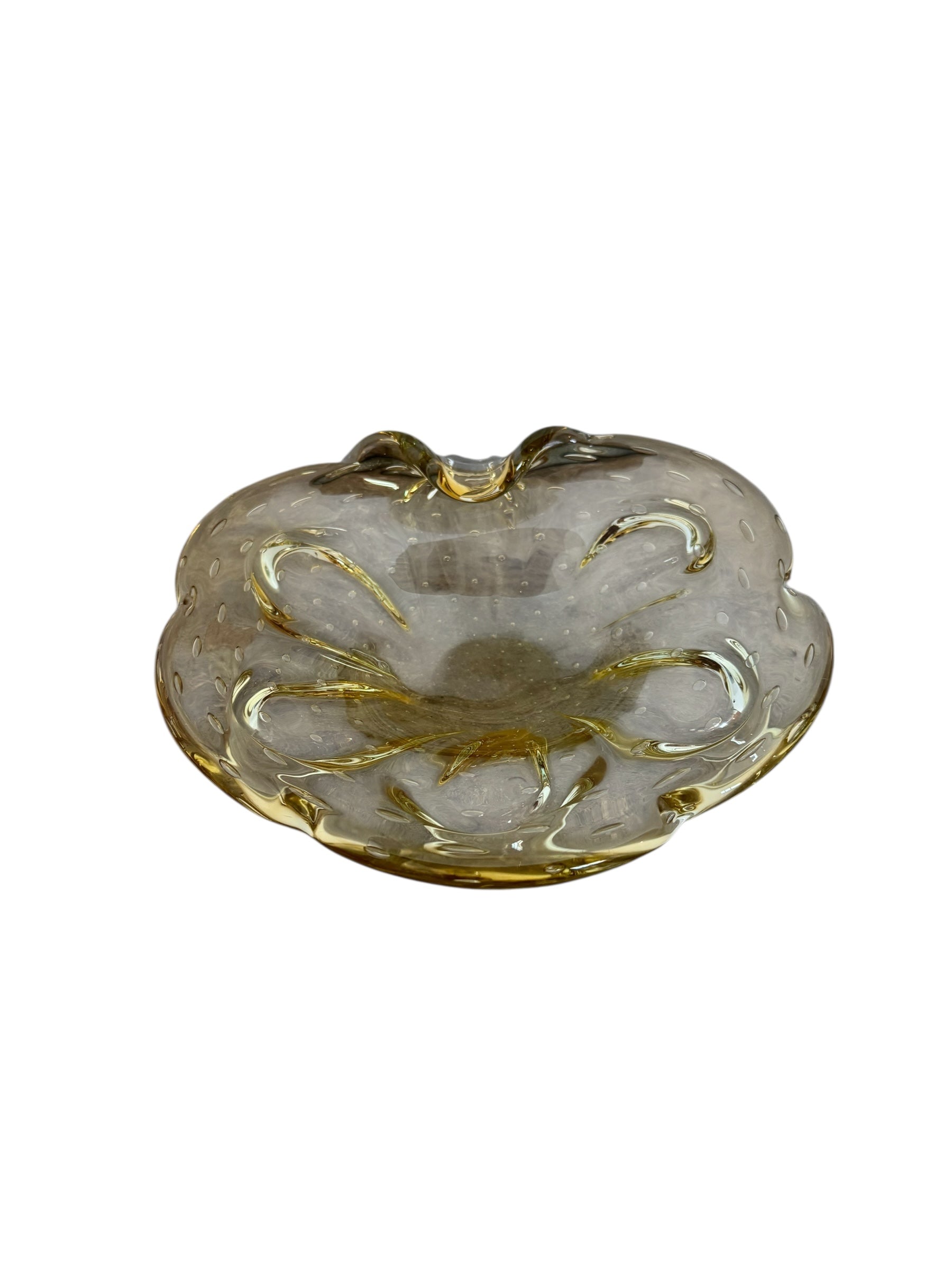 Scalloped amber yellow art glass ashtray with controlled bubbles