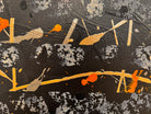 An abstract, vertical-oriented canvas painting featuring a dark background layered with highly textured, horizontal bands. The composition alternates between solid black strips and dense, speckled white-and-grey patterns that resemble static or stone texture. Splattered across the surface are energetic drips, lines, and splotches of bright yellow, stark white, and grey paint, creating a chaotic yet rhythmic sense of movement overlaying the geometric structure underneath.