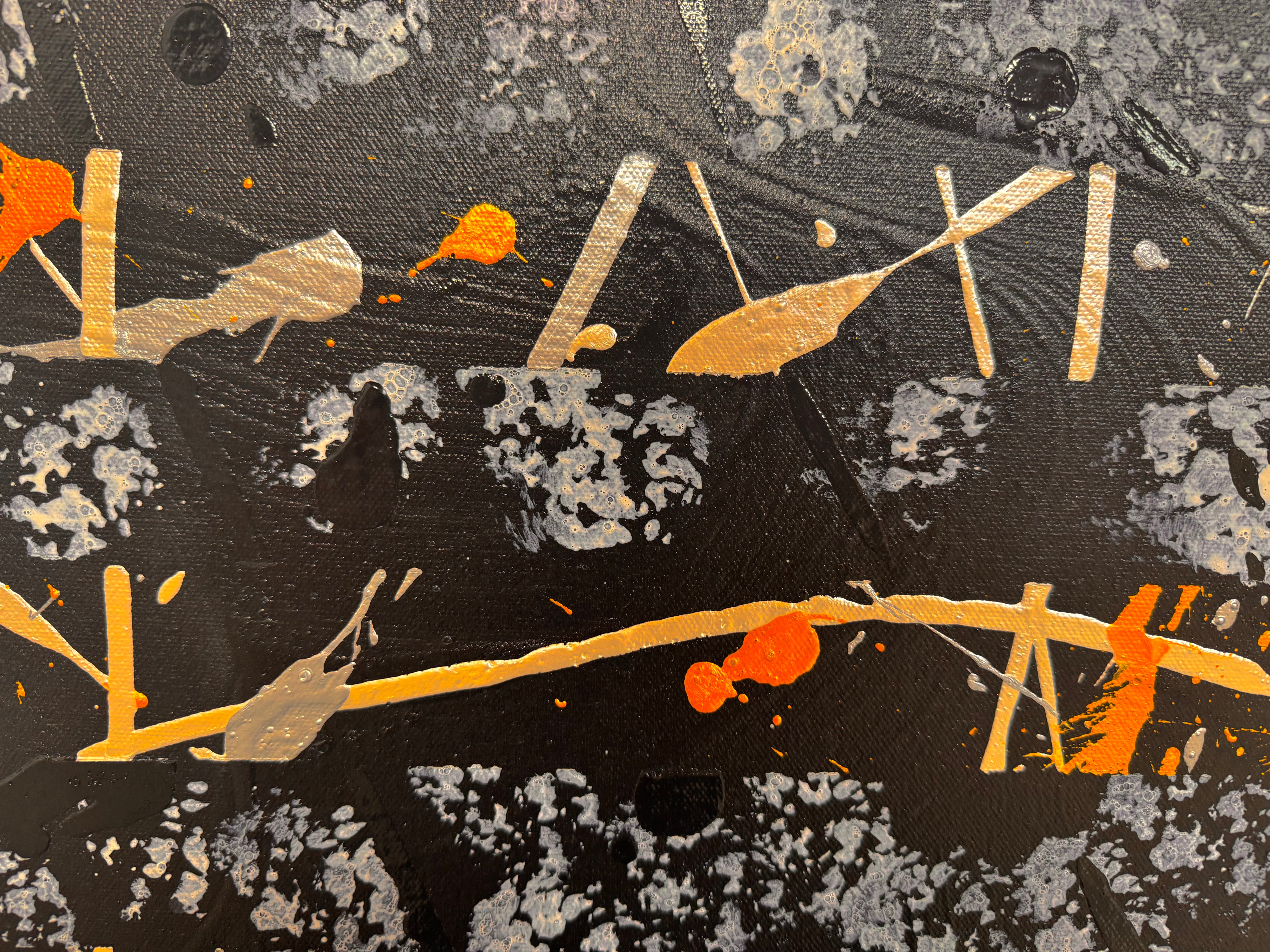 An abstract, vertical-oriented canvas painting featuring a dark background layered with highly textured, horizontal bands. The composition alternates between solid black strips and dense, speckled white-and-grey patterns that resemble static or stone texture. Splattered across the surface are energetic drips, lines, and splotches of bright yellow, stark white, and grey paint, creating a chaotic yet rhythmic sense of movement overlaying the geometric structure underneath.