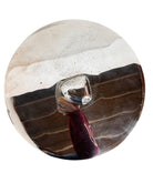 Round St. James silver-plated lidded serving dish from the 1980s, featuring a minimalist modernist design with geometric side handles and a sculptural, biomorphic finial, showing visible vintage wear and pitting on the metallic surface.