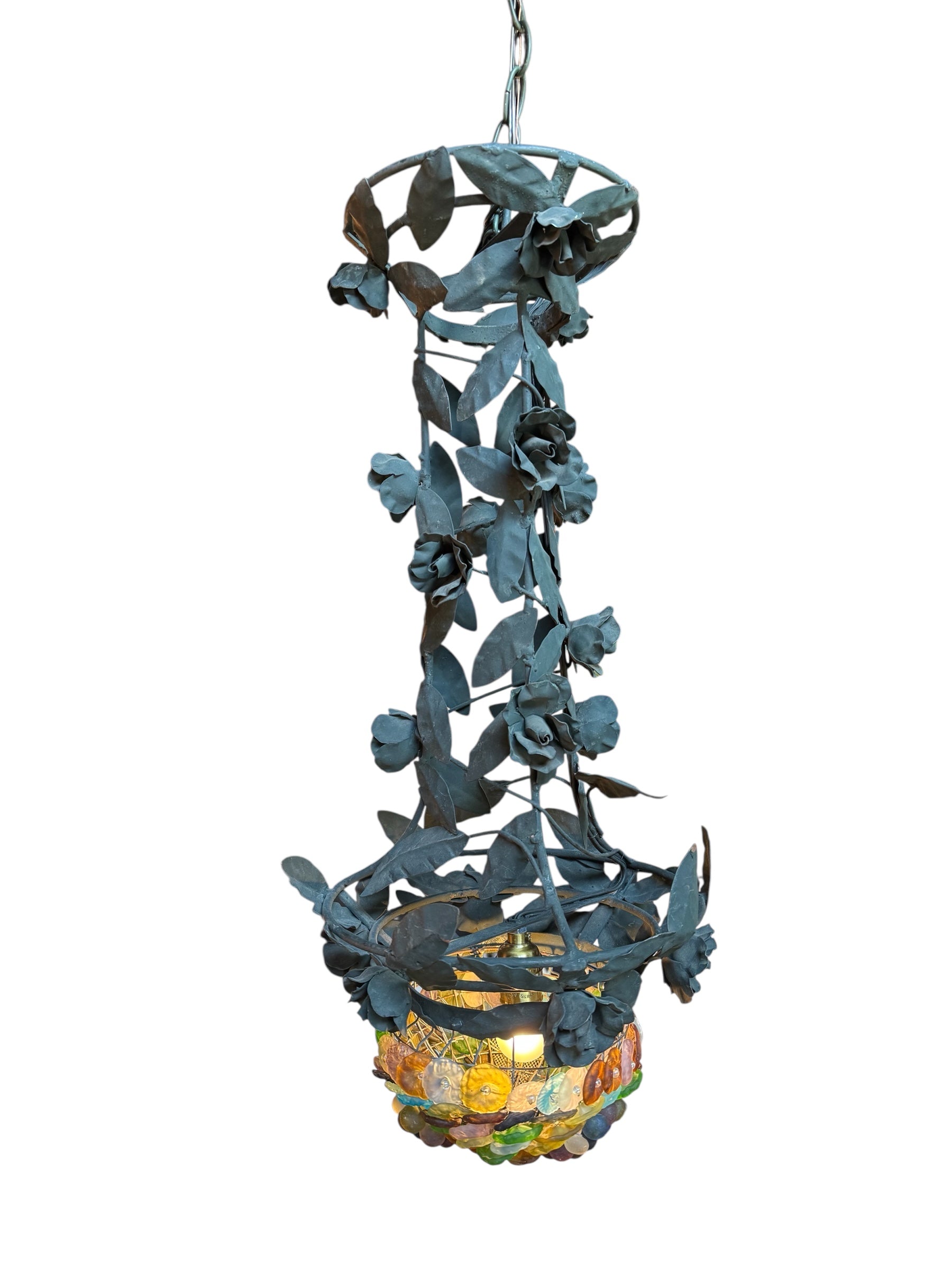 Toleware Lighting Fixtures, Chandelier, Vine shape, glass floral accents, metal, multicolored frosted glass, tole light