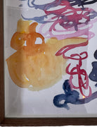 A vertical watercolor painting on paper, framed in a simple dark wood frame. The piece consists of a lively arrangement of gestural, loopy shapes and washes in a warm palette of apricot, magenta, and deep navy blue. The shapes are layered and translucent, with some areas featuring saturated "blooms" of color and others showing thin, wiry line work. The artist's signature and the year '97 are visible in the bottom right corner.