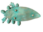 A green and red, glazed ceramic platter in the shape of a prickly pear cactus pad with attached prickly pear fruit. The surface has raised dots representing spines. 