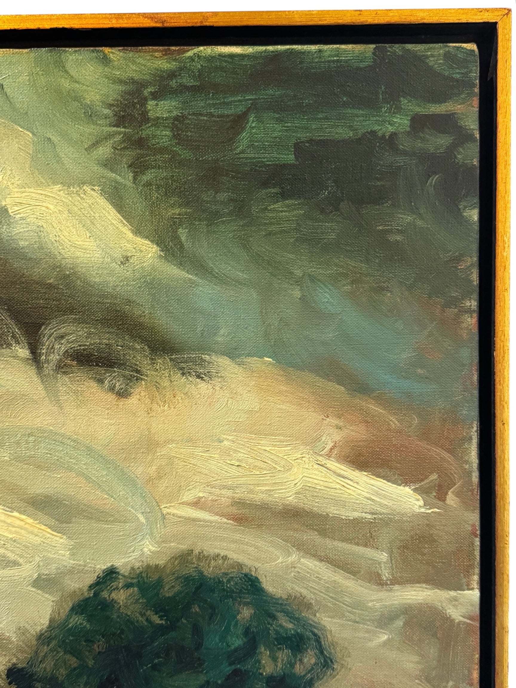 1967 oil painting of a barn and wheat field in its original gold frame, with dramatic sky.