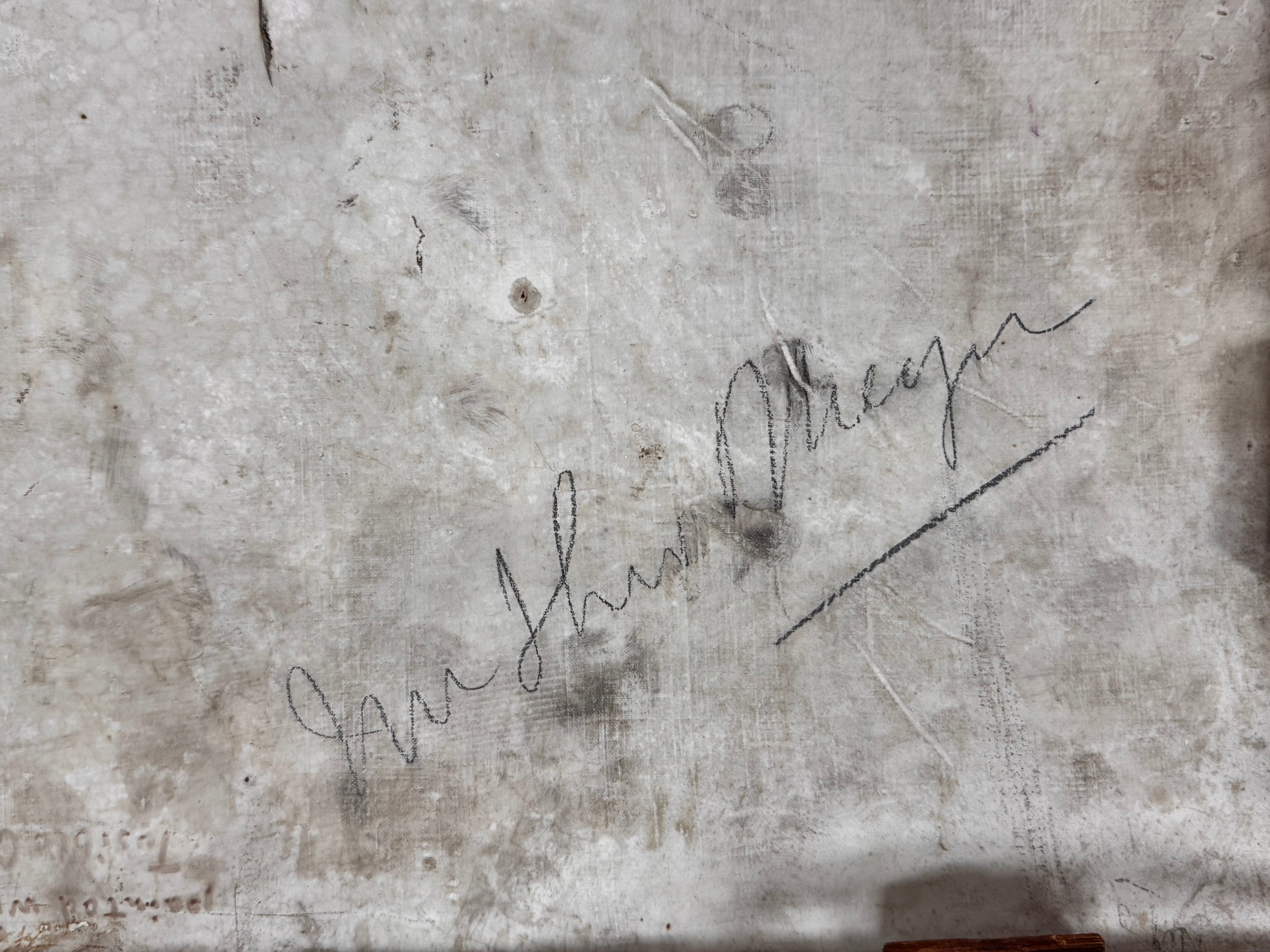 The artwork is a painting on porcelain plaque, titled "Chickens Foraging in a Barn Yard" by the American artist Paul E. Harney Jr. (1850-1915). It is housed in an ornate, gilt frame. The painting depicts a rural scene with several chickens on a grassy ground near a small structure with a thatched roof and a white picket fence in the background