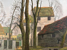 A naturalistic landscape oil painting by Michael Reilly titled "Mill Pond with Bridge" depicts a small town scene with a stone bridge over a mill pond, several buildings, and numerous bare trees under a grey sky