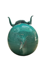 Glossy turquoise ceramic Ankole-Watusi sculpture with long, stylized horns and a nose ring.