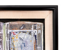 Framed mixed media artwork, 'No. 5' by Sherwin Skynear, 2000. Features abstract textured panels resembling an open book with a gray, white, and subtle colored palette.