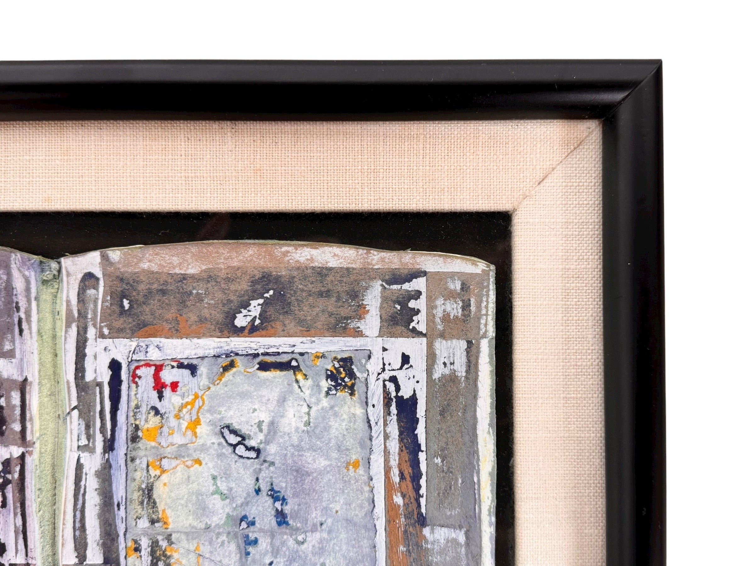 Framed mixed media artwork, 'No. 5' by Sherwin Skynear, 2000. Features abstract textured panels resembling an open book with a gray, white, and subtle colored palette.