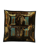 Mid Century Hostess Set, Black, Gold, Turquoise, James Mont Style, Smoked Glass, Etched 24kt Gold, coaster, trinket dish, hostess set, mid-century, geometric pattern