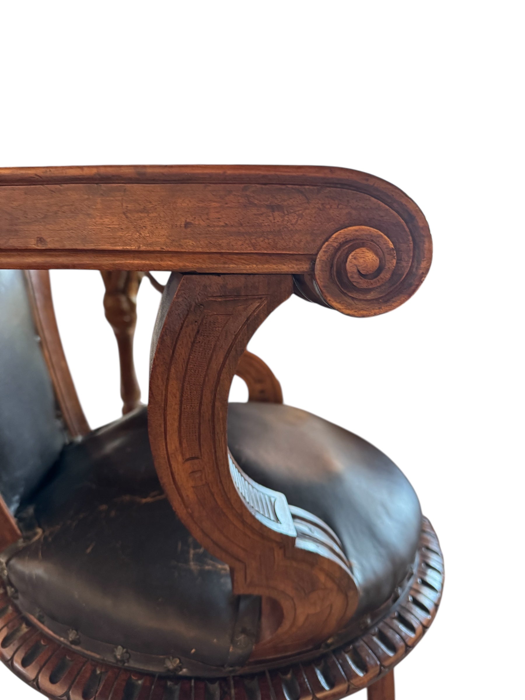 Antique French carved chair 
Figural crest walnut desk chair 
19th-century French leather swivel 
Vintage wood office chair sale
Antique french wooden chair
Carved walnut
Leather seat
Swivel base
Figural crest
Antique chair
French design
Desk chair
19th-century
Antique
Vintage
French
Carved
Walnut
Swivel
Desk chair
Leather
Upholstered
Ornate
Figural
Wood
Nineteenth-century
Office
Patinated
Decorative
Unique
