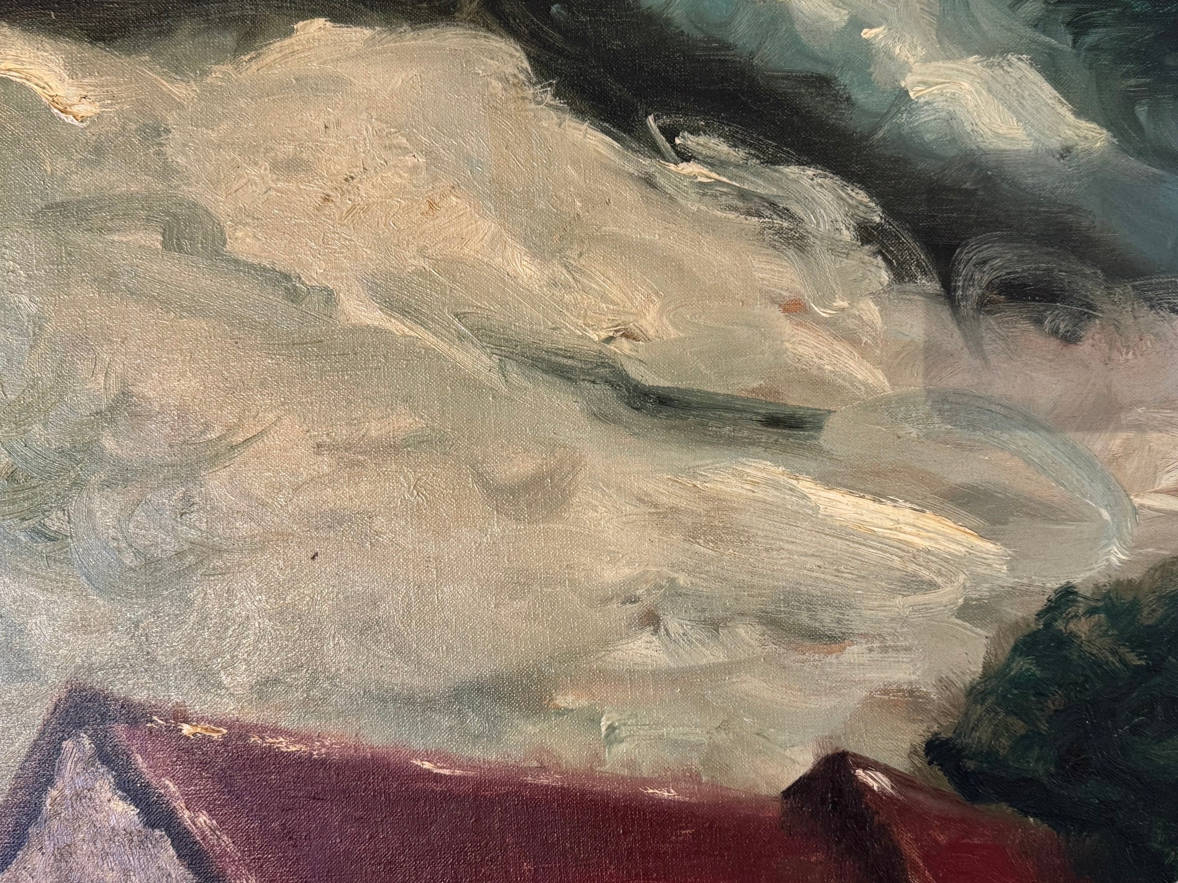 1967 oil painting of a barn and wheat field in its original gold frame, with dramatic sky.
