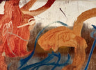 An abstract mixed-media painting on a vertical rectangular panel with a reflective, metallic gold and copper background. The composition features fluid, expressive brushstrokes in warm orange, ochre, and deep blue.
The orange strokes are thick and organic, resembling swirling flames or floral petals, while the blue marks consist of thin, lyrical lines and looped scribbles that dance across the surface. The metallic substrate is visible through the translucent paint, creating a play of light and texture