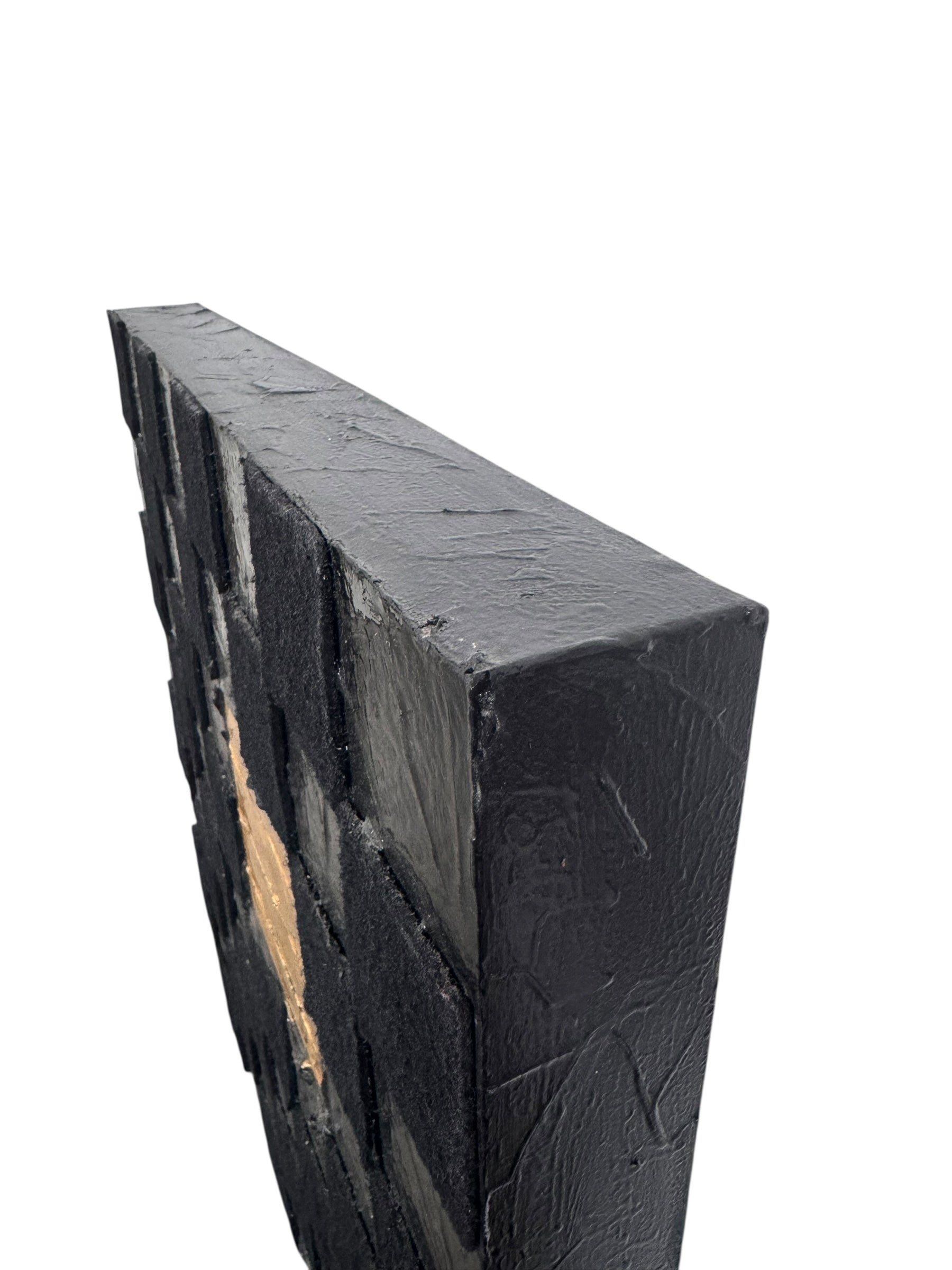 A triptych of abstract paintings featuring a grid pattern of textured black squares by Sabine Stromeyer called “Square One”. The left and right panels each have a single vertical gold rectangle in the center, while the middle panel has two stacked gold rectangles in the center.