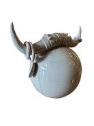 Artistic white grey ceramic bull sculpture by Enza Fasano, featuring a minimalist design and rings on the horns