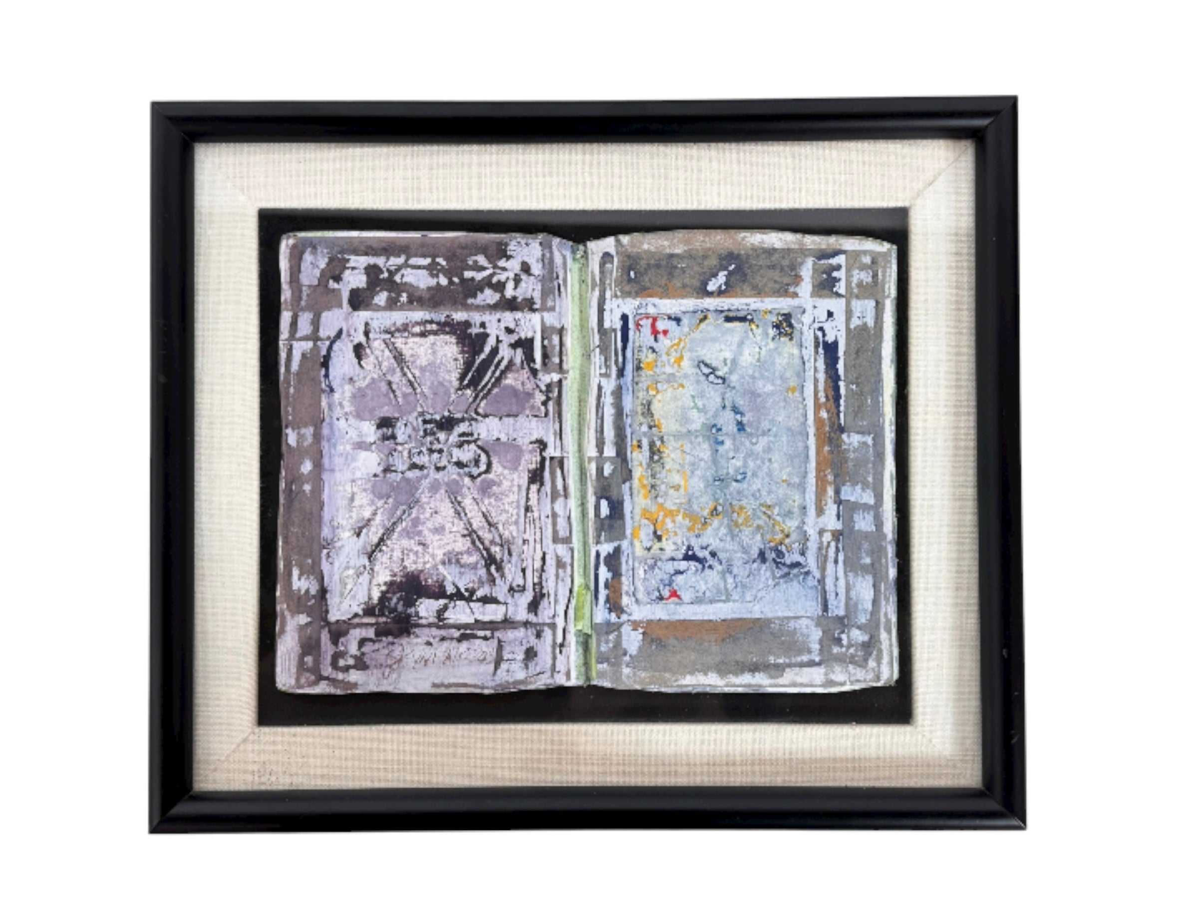 Framed mixed media artwork, 'No. 5' by Sherwin Skynear, 2000. Features abstract textured panels resembling an open book with a gray, white, and subtle colored palette.