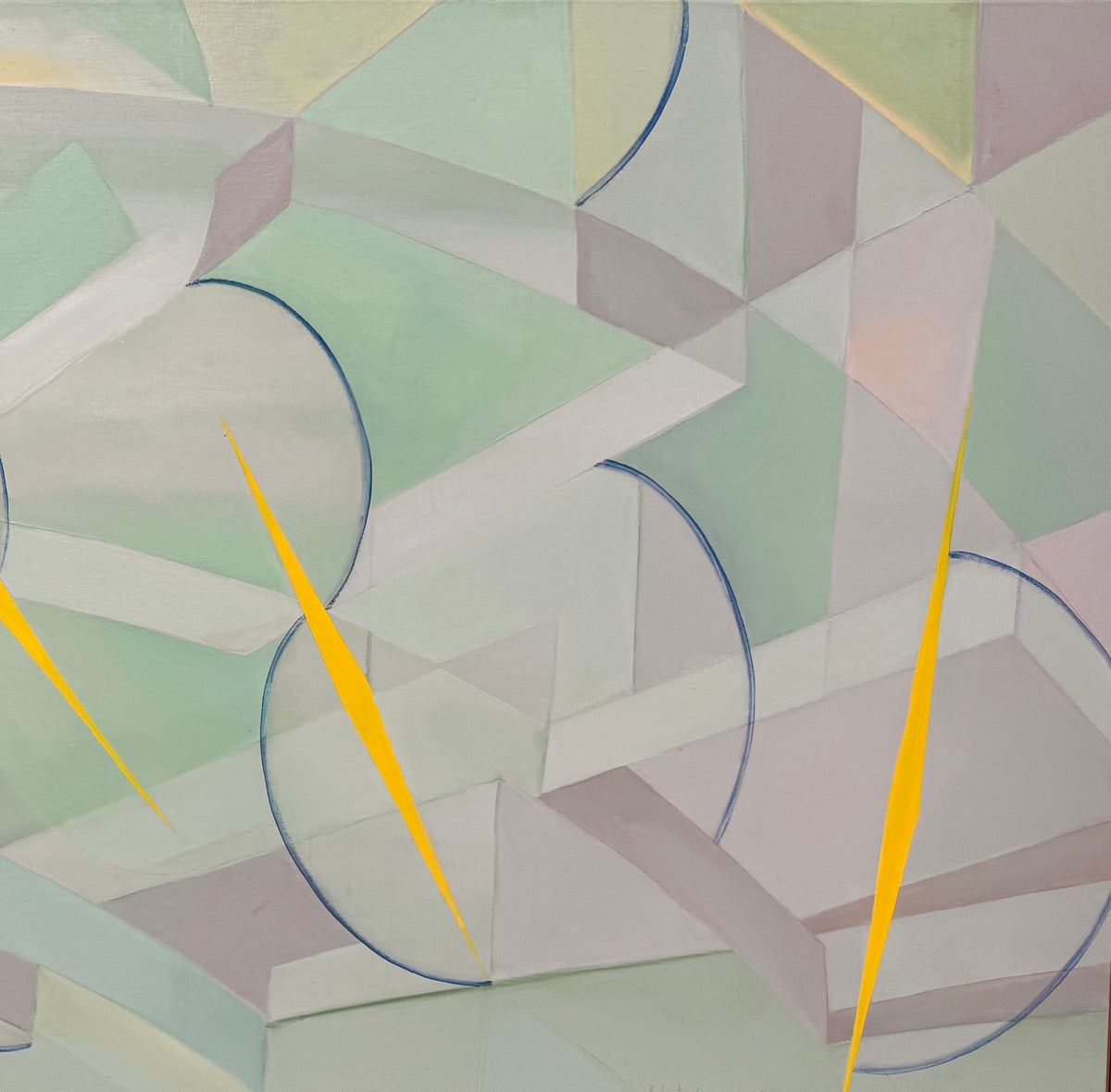 An abstract, horizontally oriented geometric oil painting framed in light natural wood. The composition features a complex, cubist-like lattice of interlocking planes, sharp angles, and transparent shards rendered in a soft, muted palette of pastel greens, lavender-grays, pale blues, and subtle pinks. Intersecting this subdued background are thin, dark blue sweeping arcs that trace circular movements across the canvas. Piercing through the composition are several sharp, dynamic, bright yellow shards shaped 