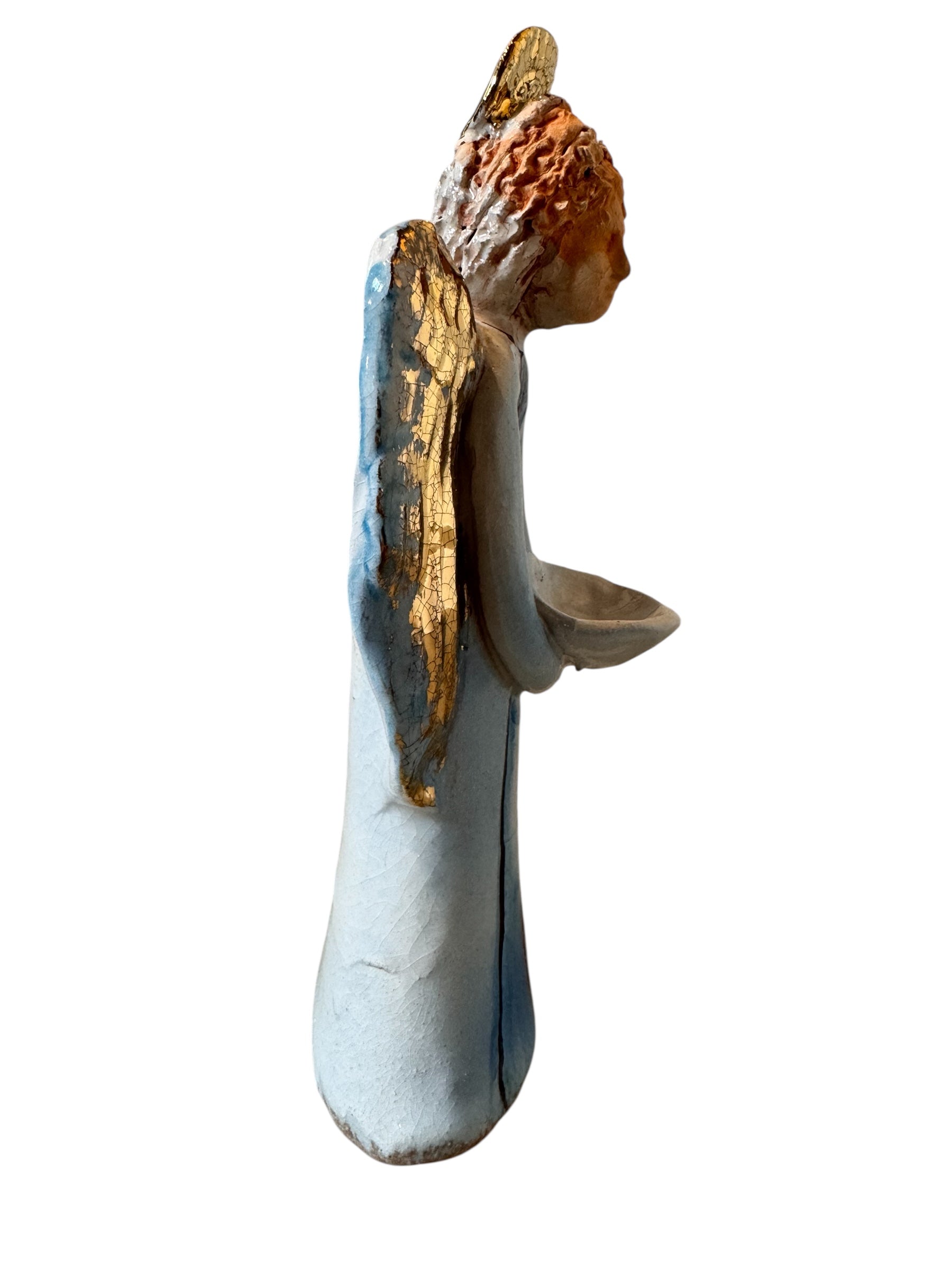 Angeli by Dominico Pinto, Angels, Sculptures, Table top ornaments, Gold accents, blue and white, geometric quilting, ceramic, folk art