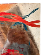A vertical composition on a bright, reflective metallic background (likely silver or light gold leaf). The piece is defined by sparse, high-energy gestures: a sweeping arc of orange and red at the top, a central cluster of textured red paint, and a scattering of teal-blue "C" shapes and hooks. The metallic surface is highly visible, giving the piece a luminous, modern feel.