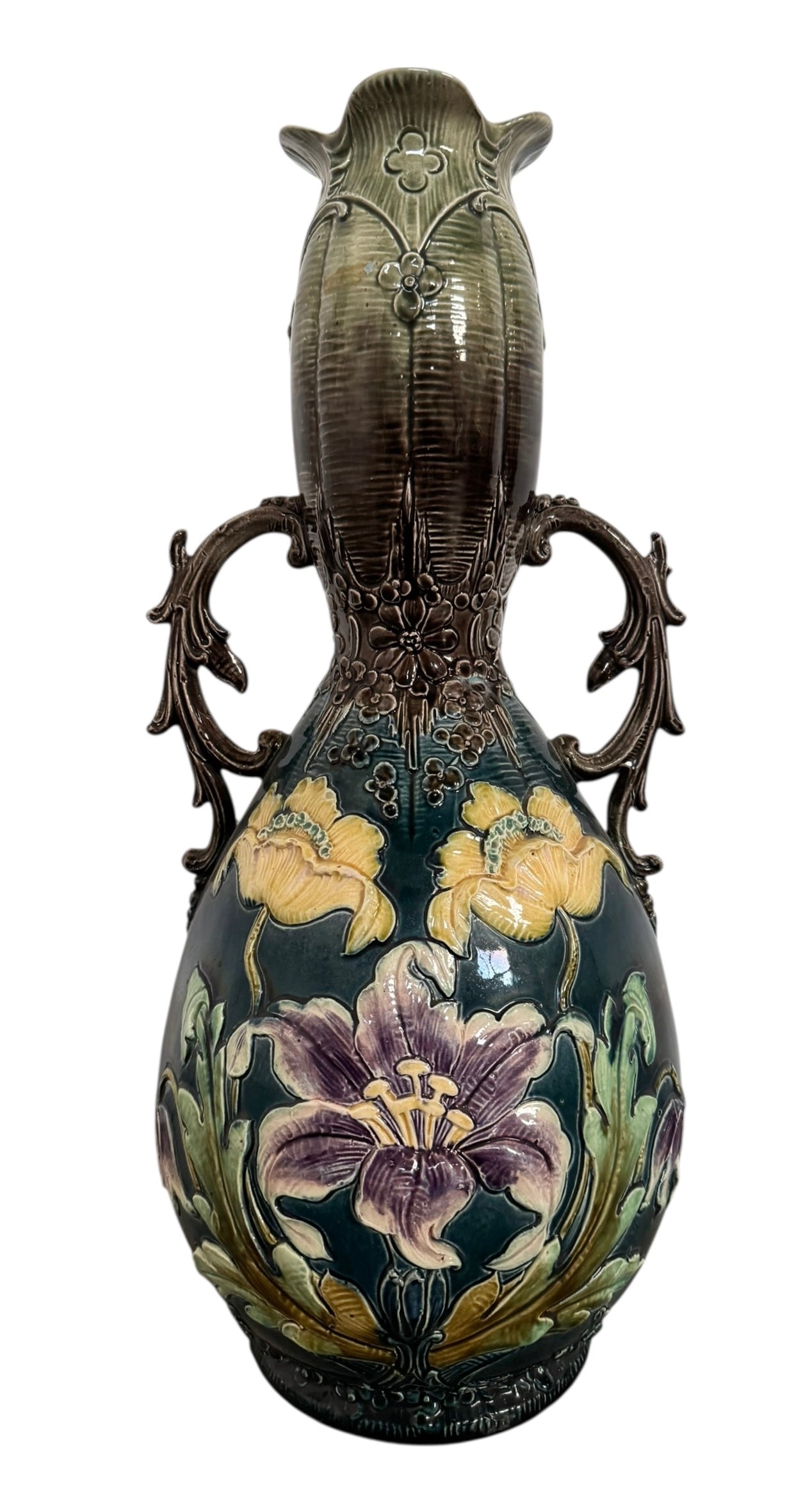 French Art Nouveau Faience Glazed Vases with flower motifs, and thorny wood handles