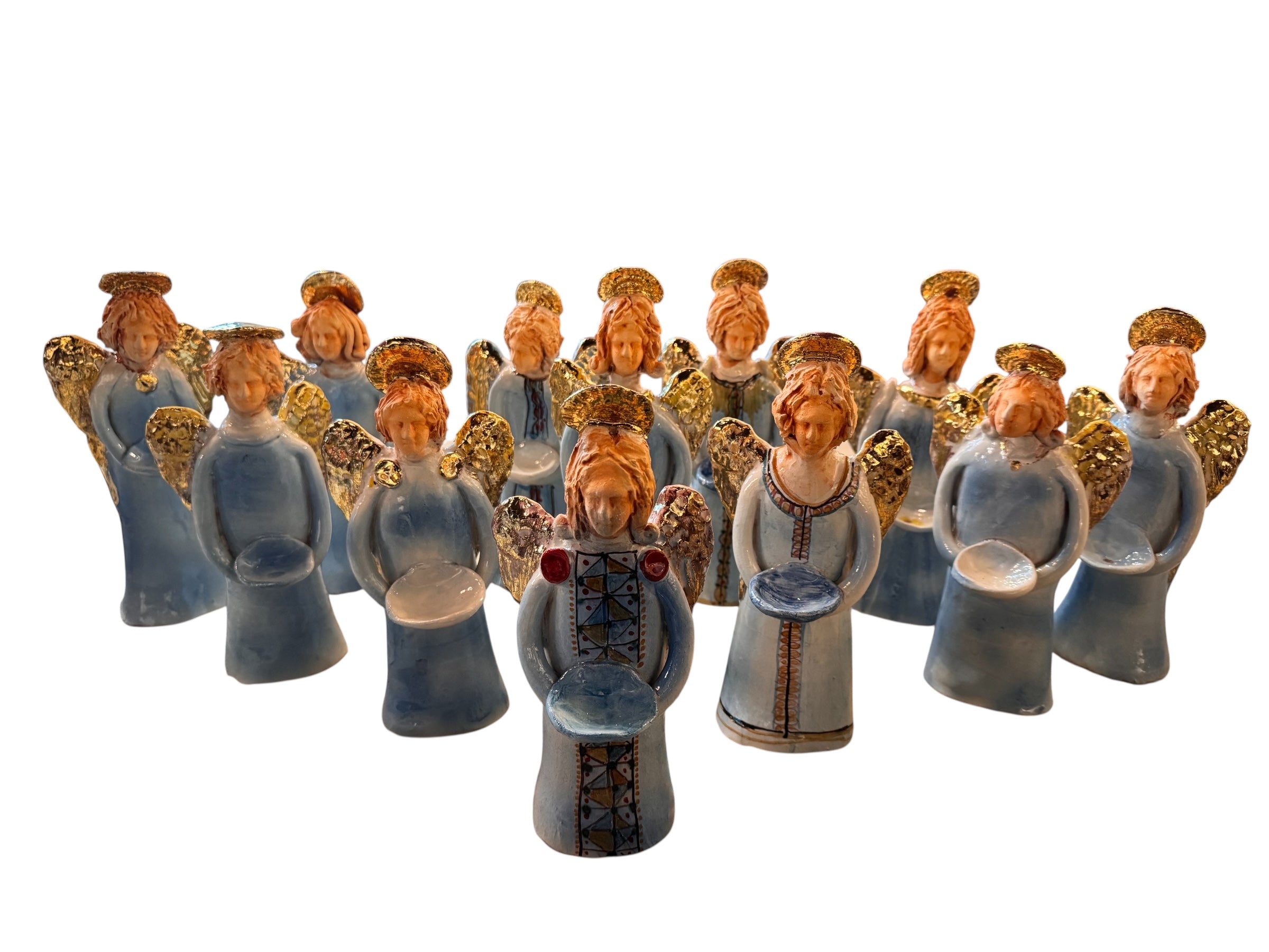 Angeli by Dominico Pinto, Angels, Sculptures, Table top ornaments, Gold accents, blue and white, geometric quilting, ceramic, folk art