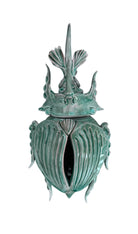 A ceramic sculpture of a stylized beetle by Enza Fasano, featuring a deep emerald green glaze with dark, metallic bronze-colored accents. The beetle is depicted with a highly textured, ribbed shell (elytra) and prominent, curved horns. Its legs are stylized with suckers, reminiscent of octopus tentacles. The piece has a glossy finish and rests against a plain white background.