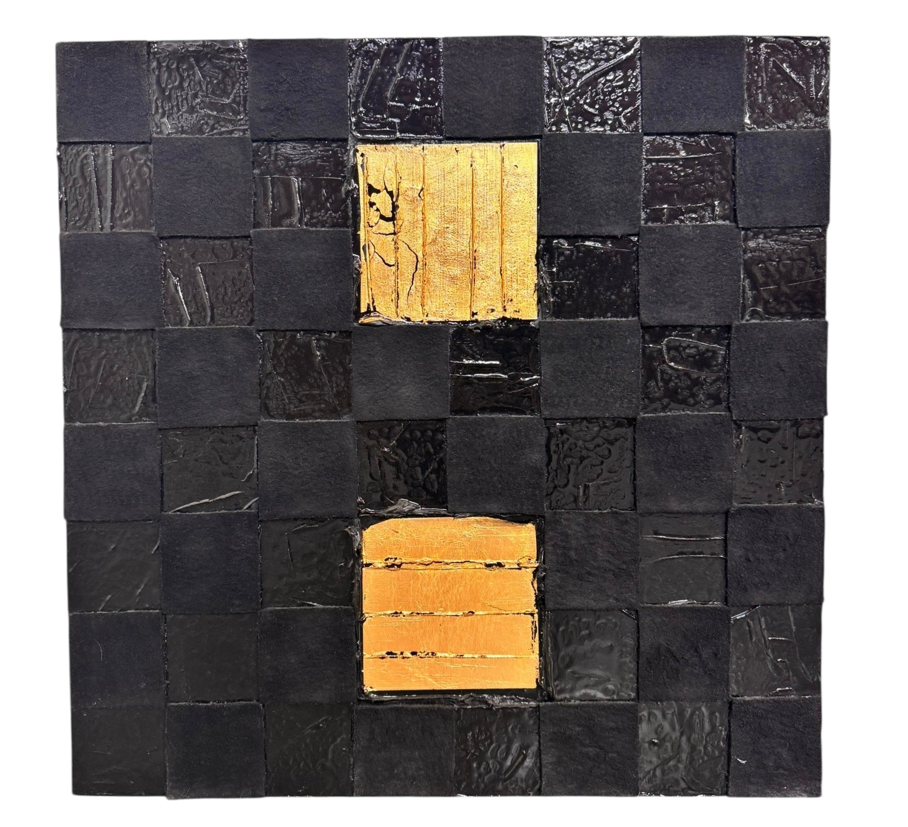 A triptych of abstract paintings featuring a grid pattern of textured black squares by Sabine Stromeyer called “Square One”. The left and right panels each have a single vertical gold rectangle in the center, while the middle panel has two stacked gold rectangles in the center.