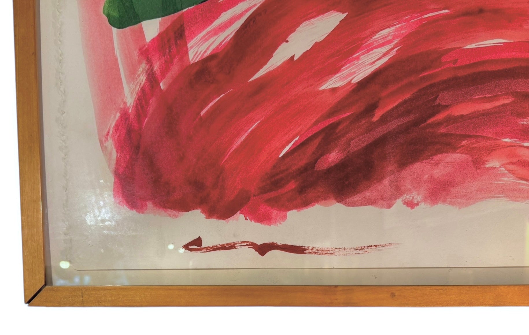 An abstract watercolor painting featuring a central red conical shape framed by large green arches, with a horizontal red wash at the bottom.